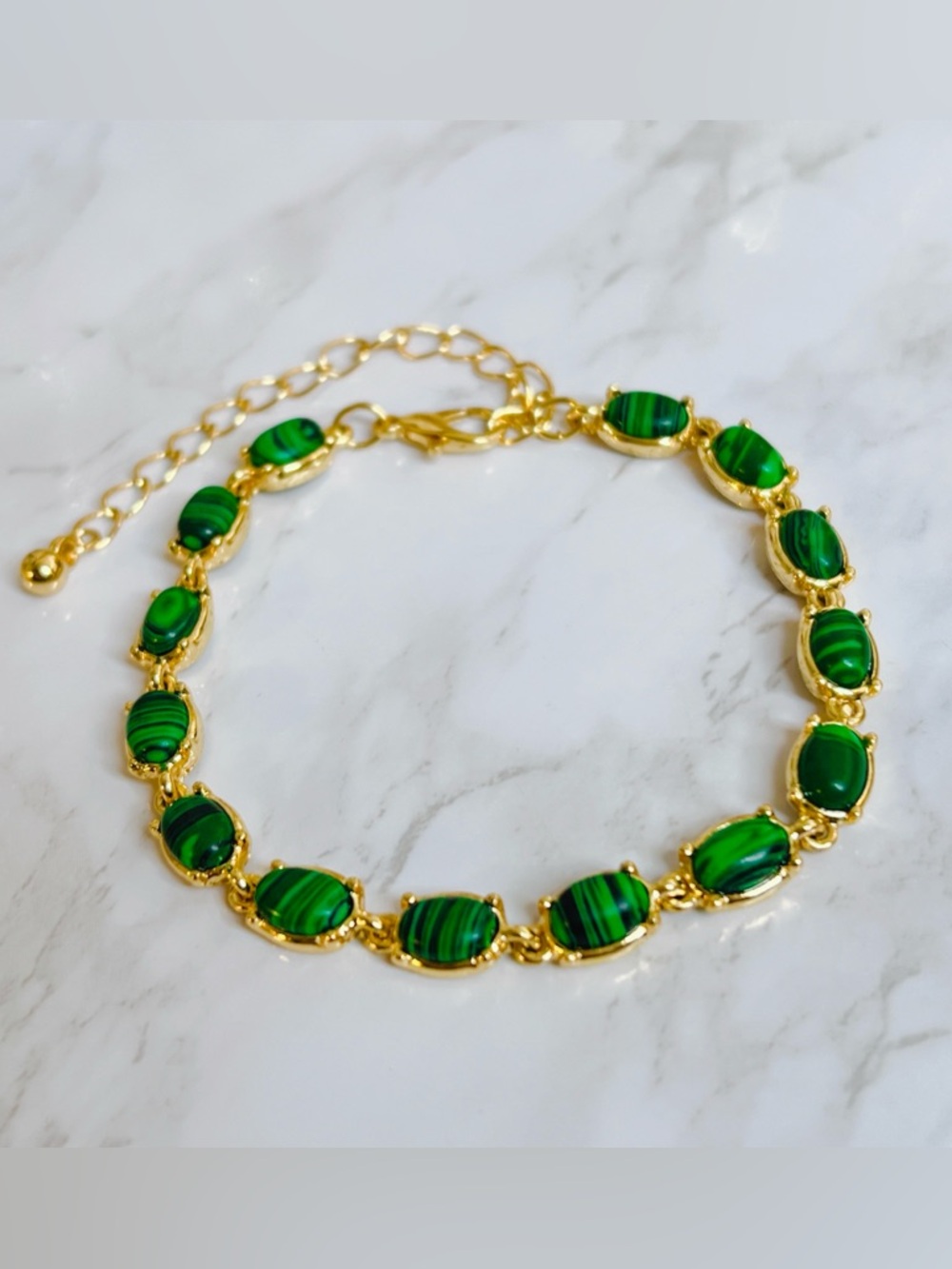 Malachite green oval 18k gold plated 6” to 8” bracelet adjustable gemstone